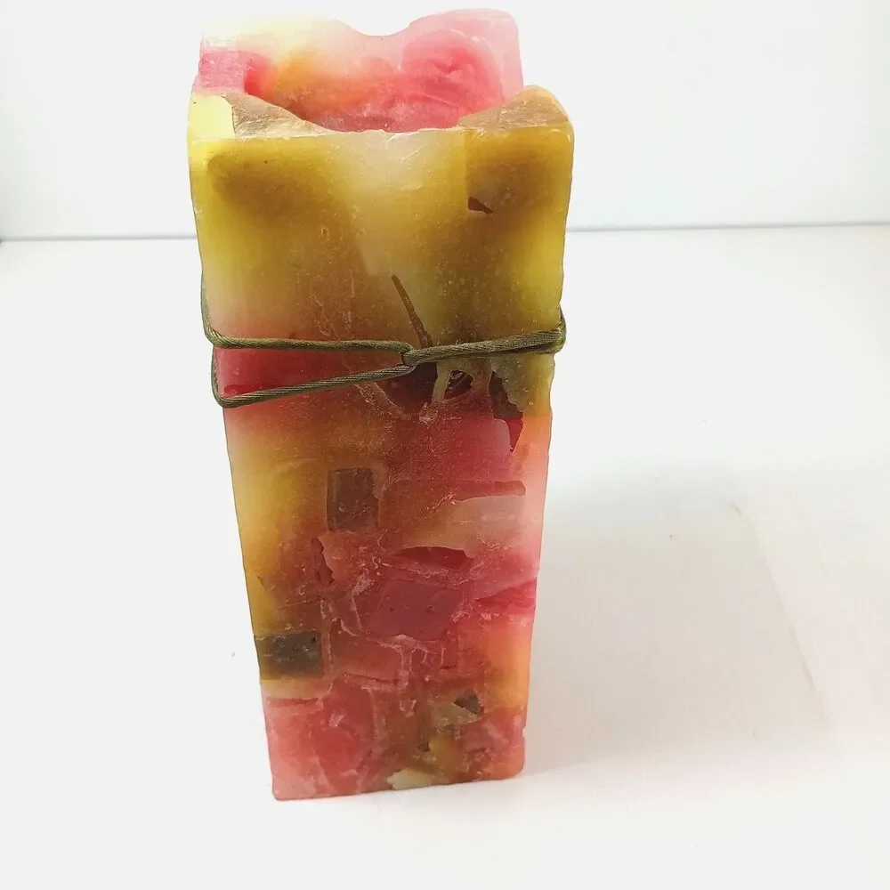 Vintage Chunk Pillar Candle Square Mosaic Wax Red Yellow Cream Rustic Decor